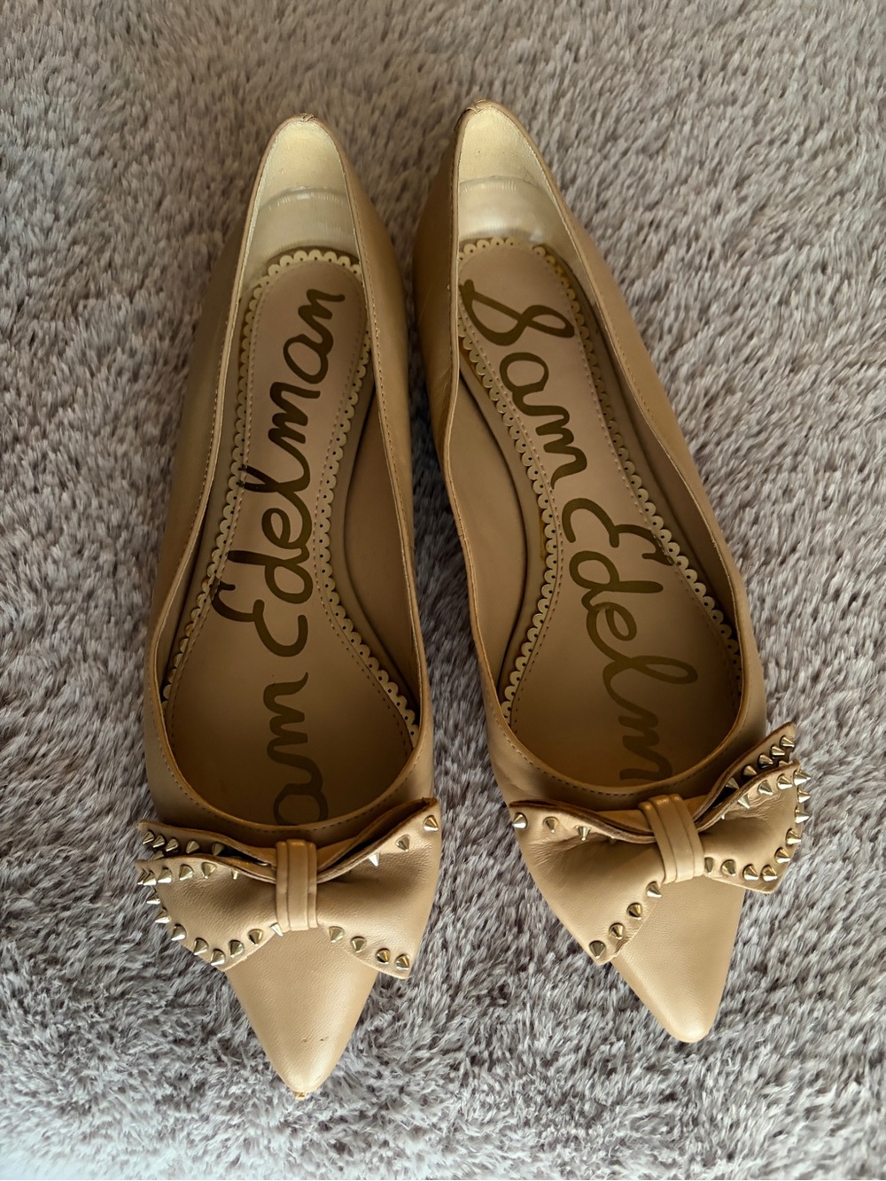 Sam Edelman Natural Tan Pointed Bow Stud Flats